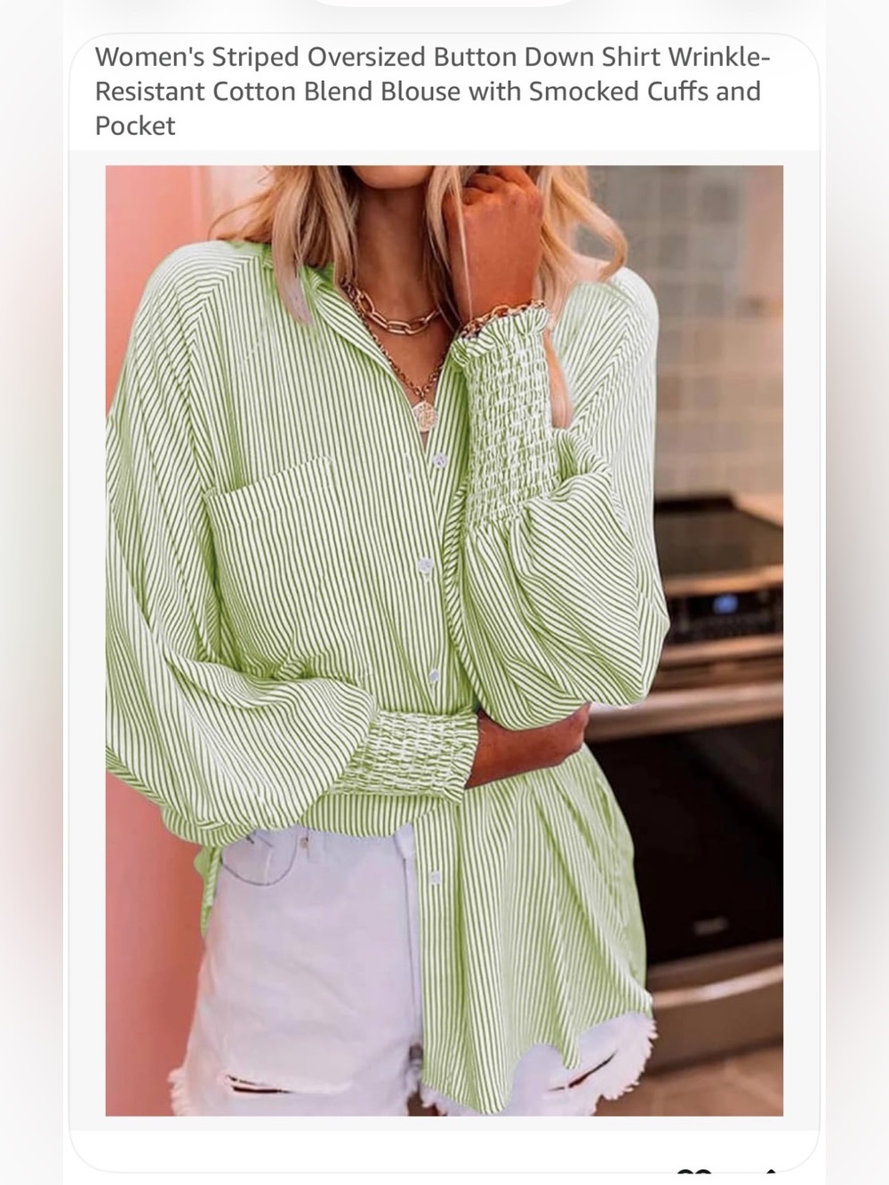Green Striped Button-Down Shirt with Smocked Cuffs